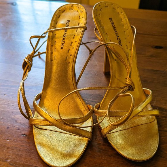 BCBG MAXAZRIA metallic gold ankle strap heeled sandals Size 8.5 - Picture 3 of 10